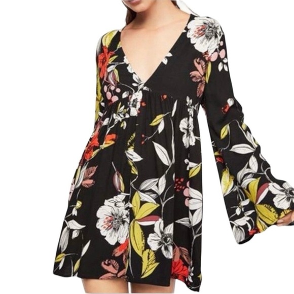 Free People Bella Floral Tunic Top Mini Dress Black Yellow Red White Size Small - Picture 2 of 11